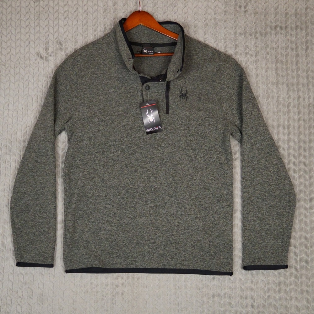 Spyder Pullover Sweater Mens M Charcoal Heather Snap Mock Neck Fleece Knit NWT